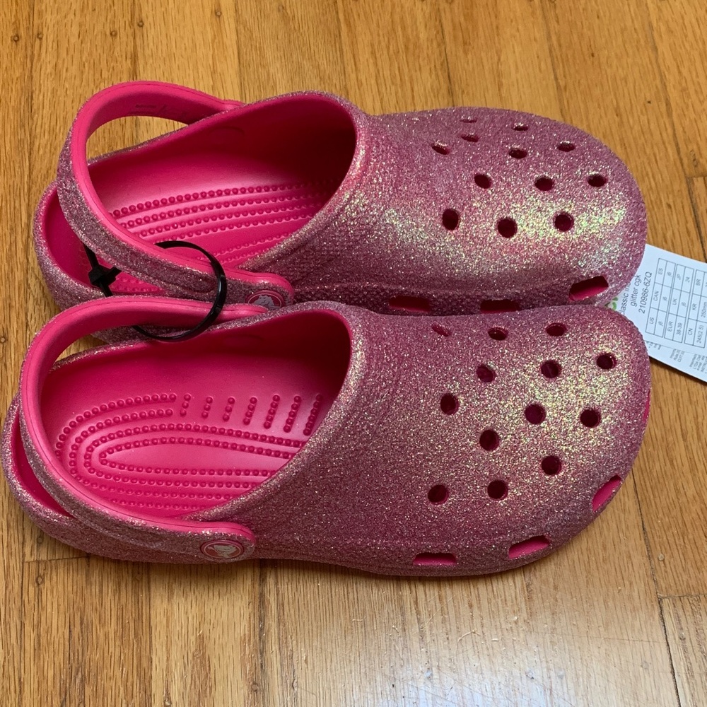 Junior pink iridescent glitter crocs! Size 6